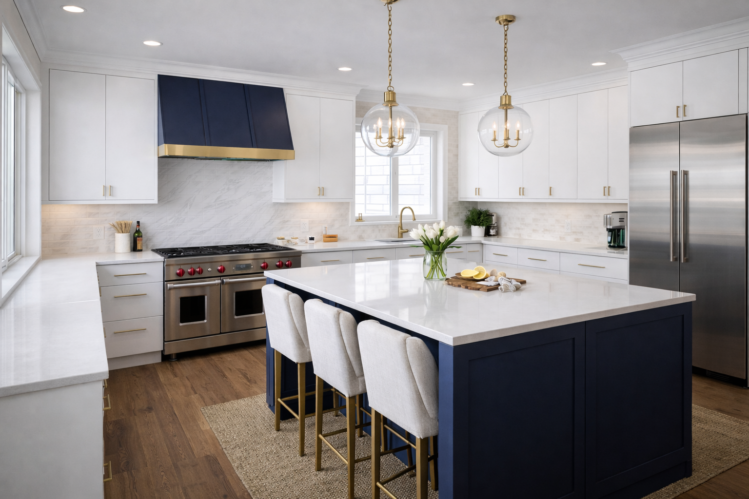 Large kitchen island featuring handleless matte white European frameless cabinets and modern seating.