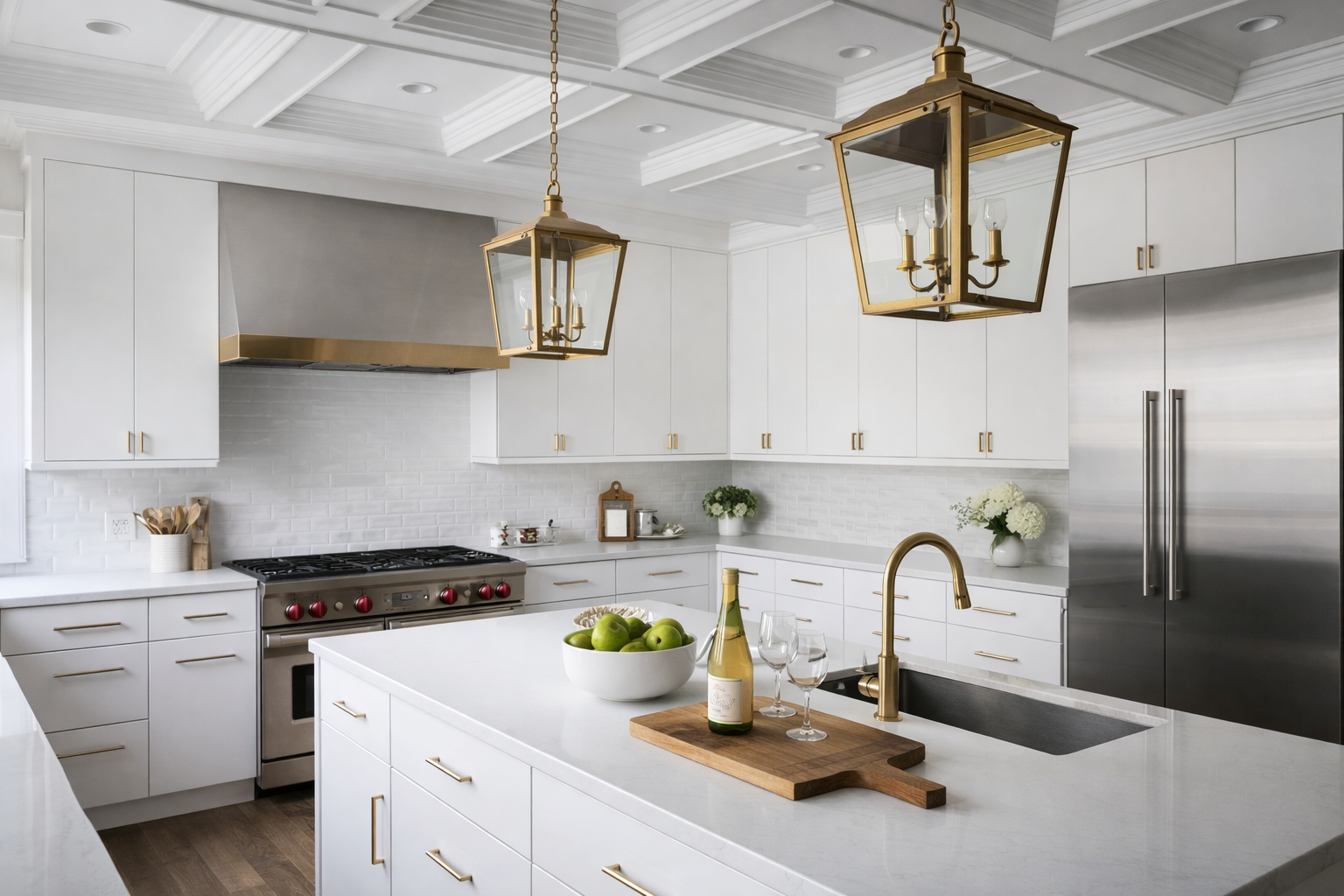 Open concept kitchen featuring matte white European frameless cabinets, light oak accents, and a custom wood range hood.
