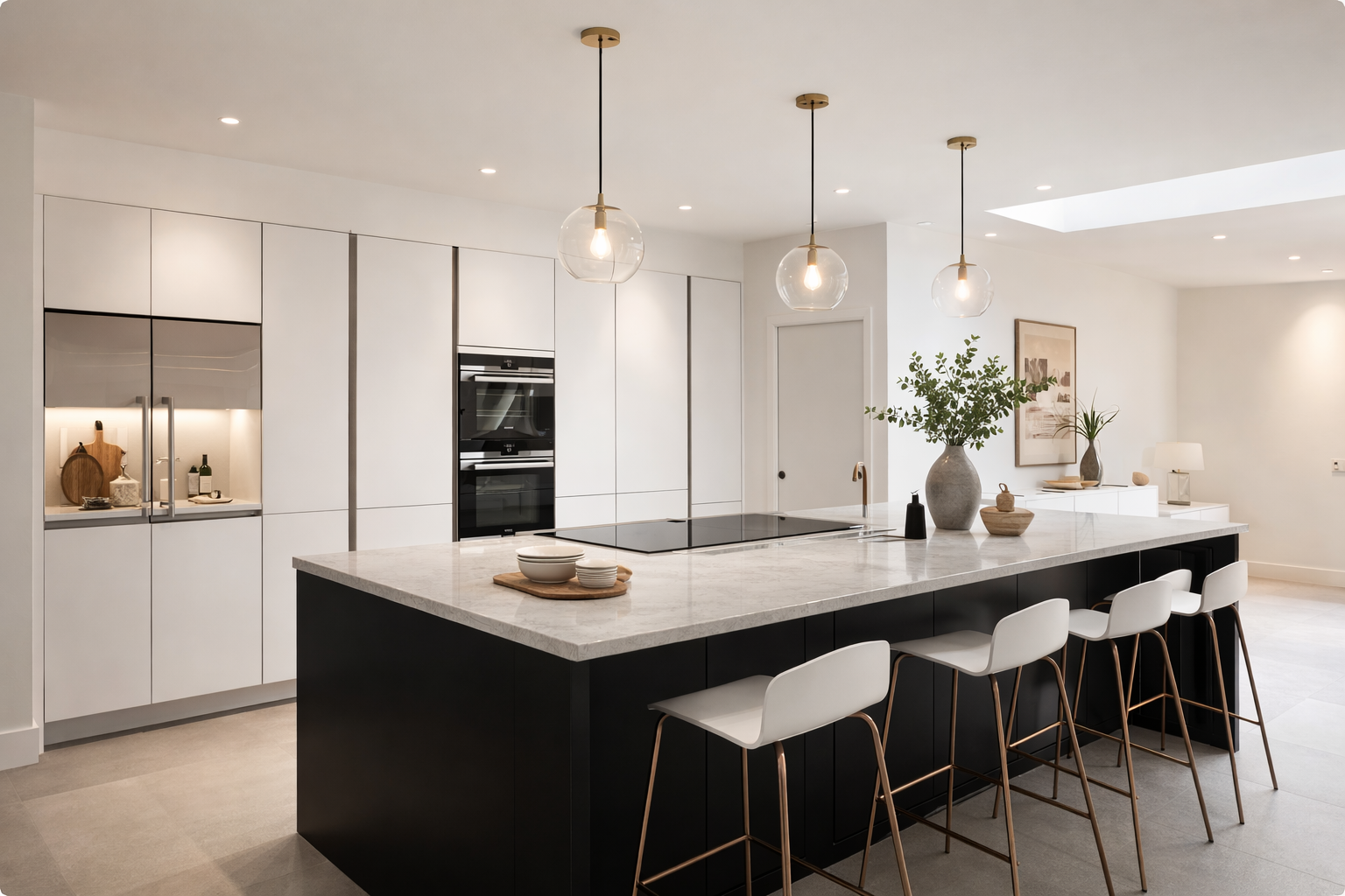 Matte white European frameless cabinetry paired with warm wood column accents and sleek modern fixtures.
