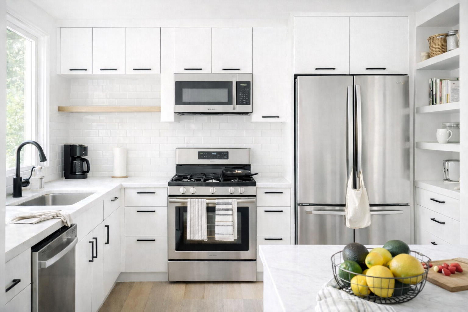 Streamlined matte white frameless wall cabinets framing a stainless steel double oven and refrigerator setup.