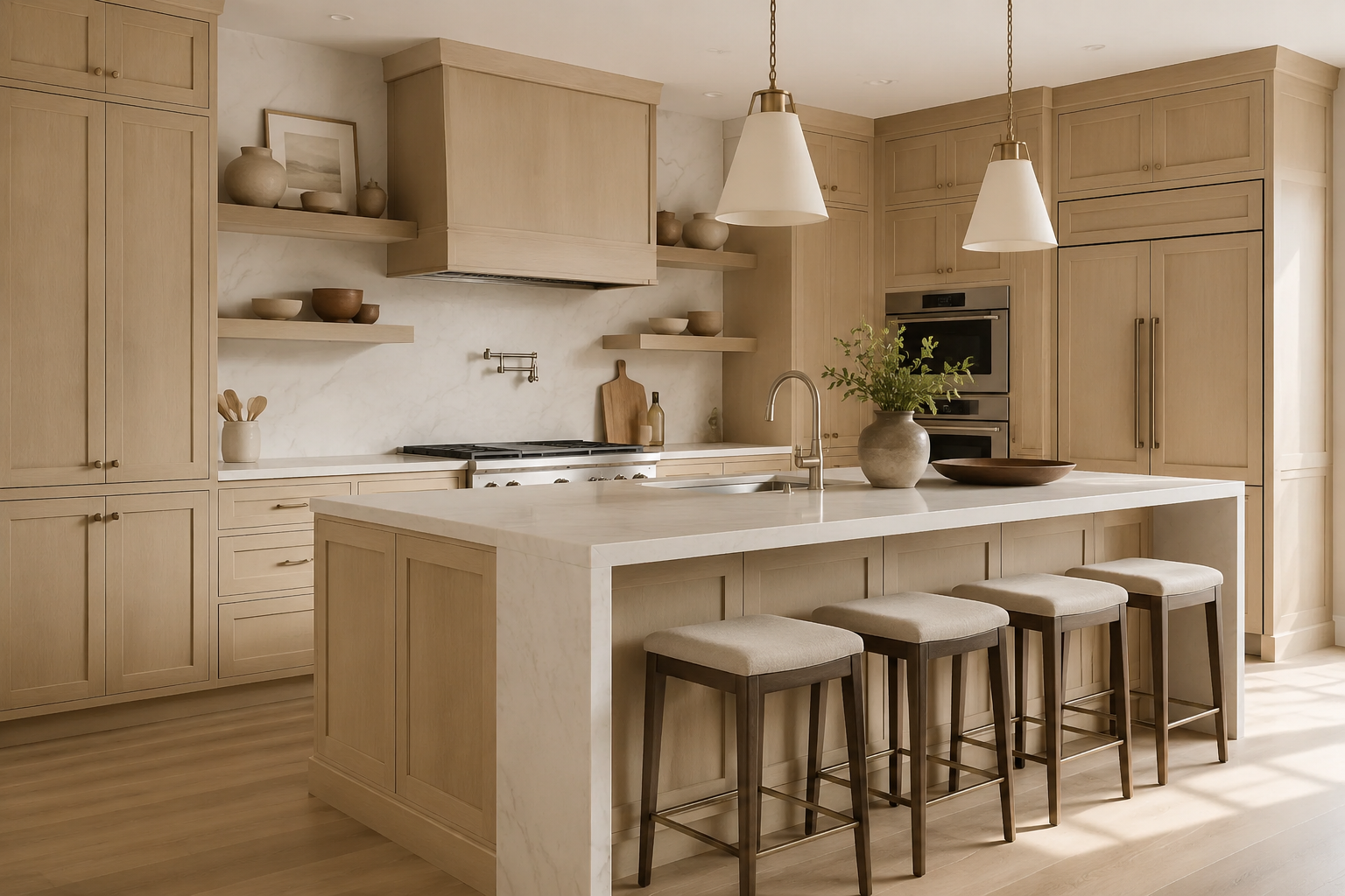 Custom natural shaker kitchen paired with modern countertops and functional layout