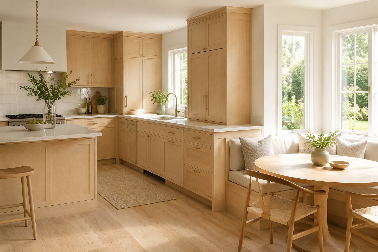 Natural shaker cabinetry kitchen island perspective and professional craftsmanship