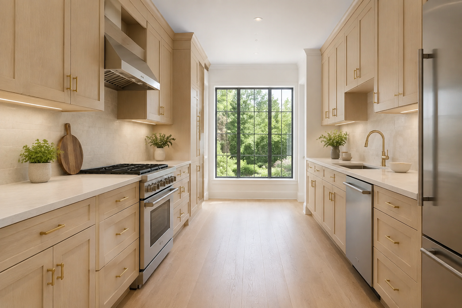 Natural shaker wood finish kitchen cabinets featuring premium hardware and layout