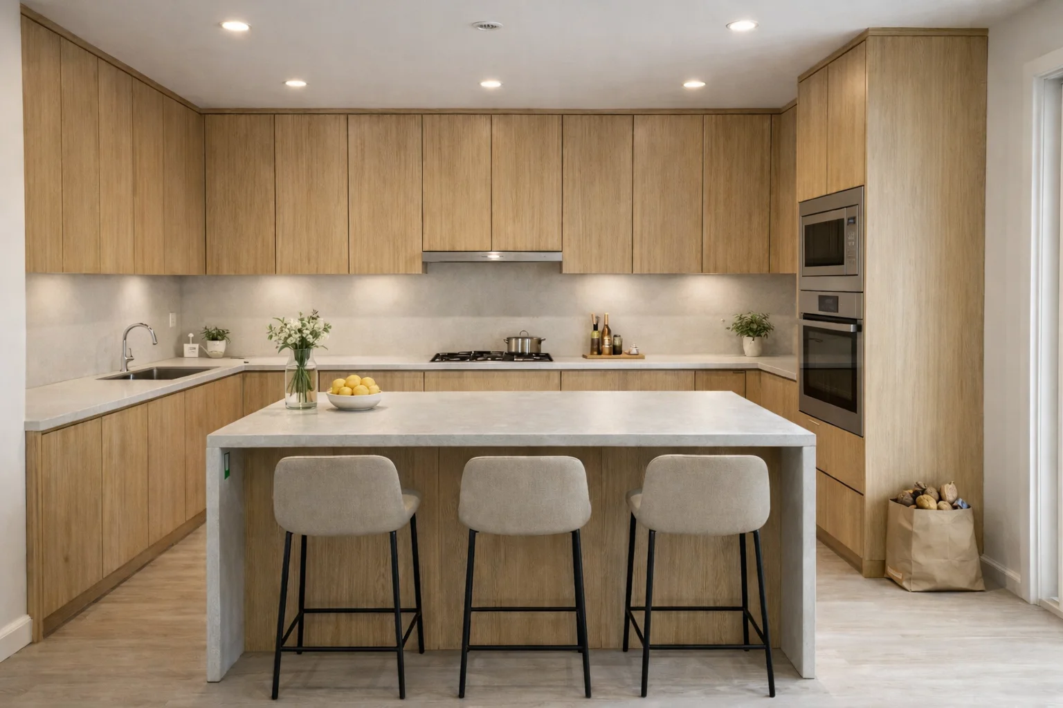 Full kitchen space showcasing custom natural oak European frameless cabinets throughout.