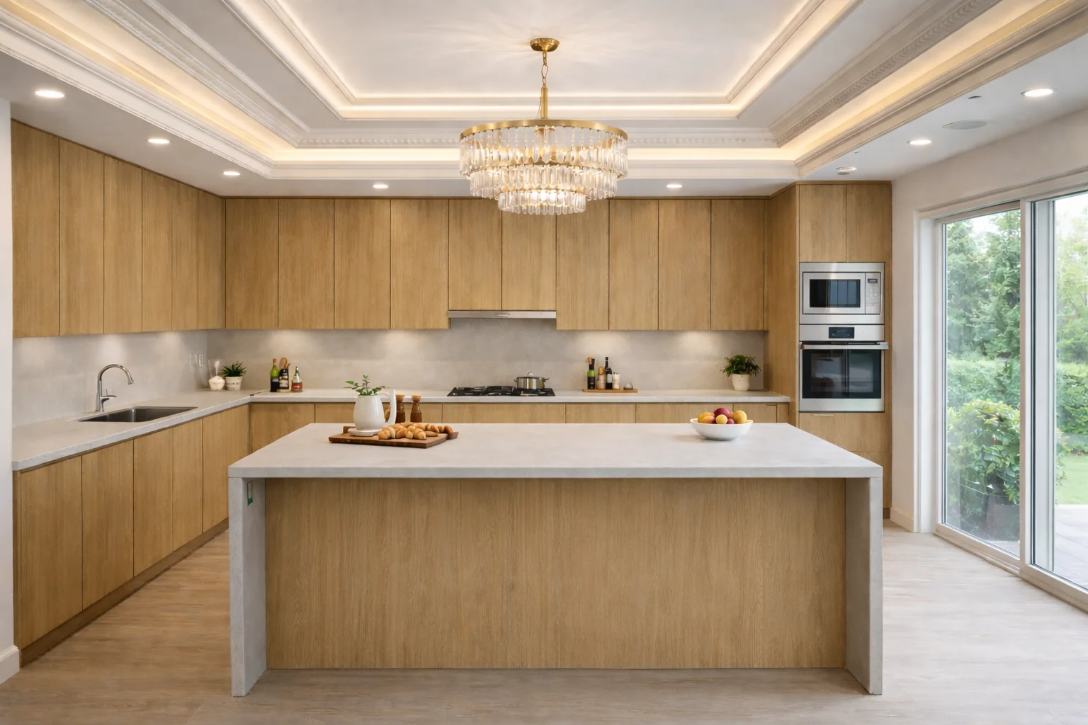 Open concept kitchen space with natural oak European frameless cabinetry and white quartz countertops.
