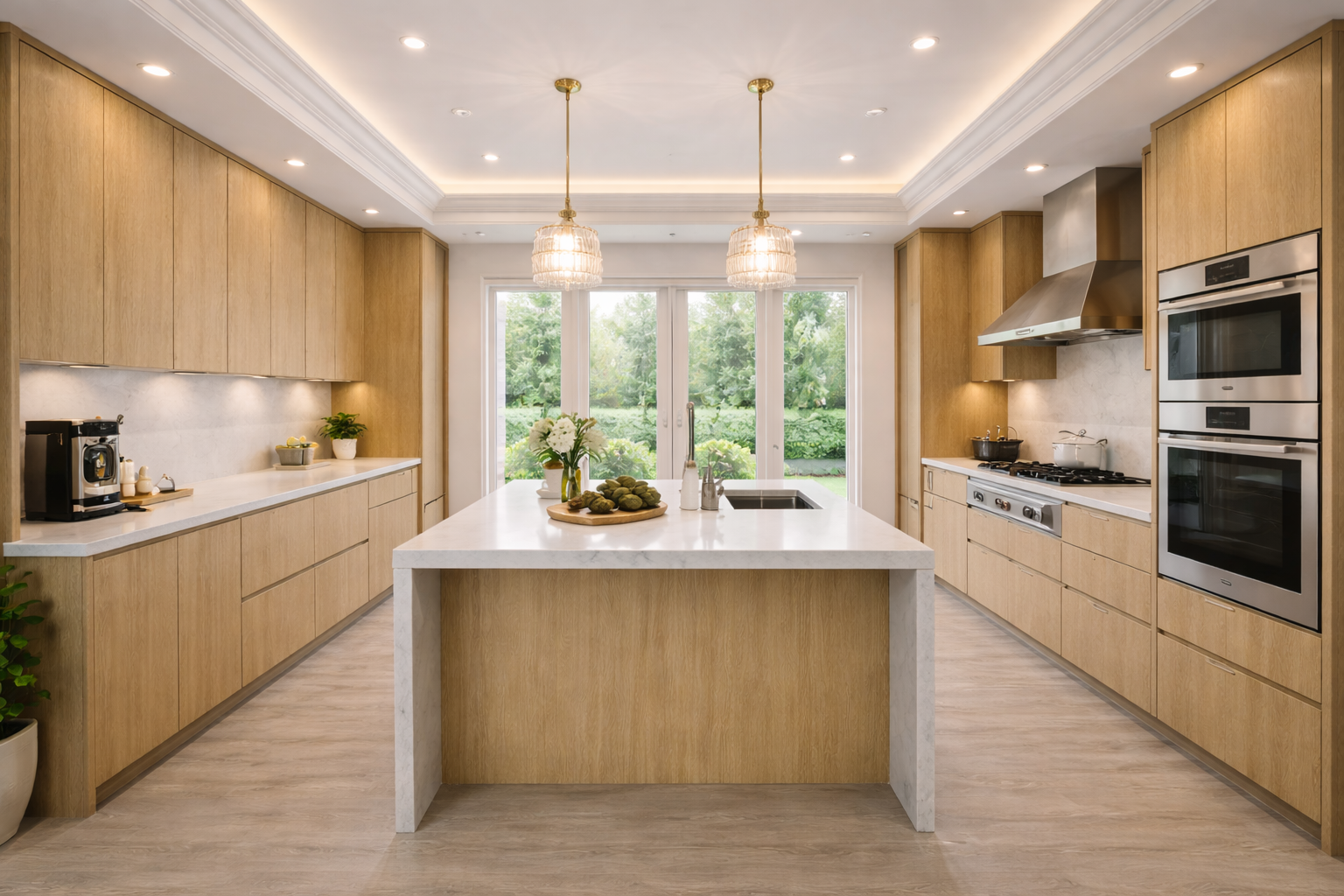 Floor-to-ceiling natural oak European frameless tall pantry cabinetry in a modern kitchen setup.