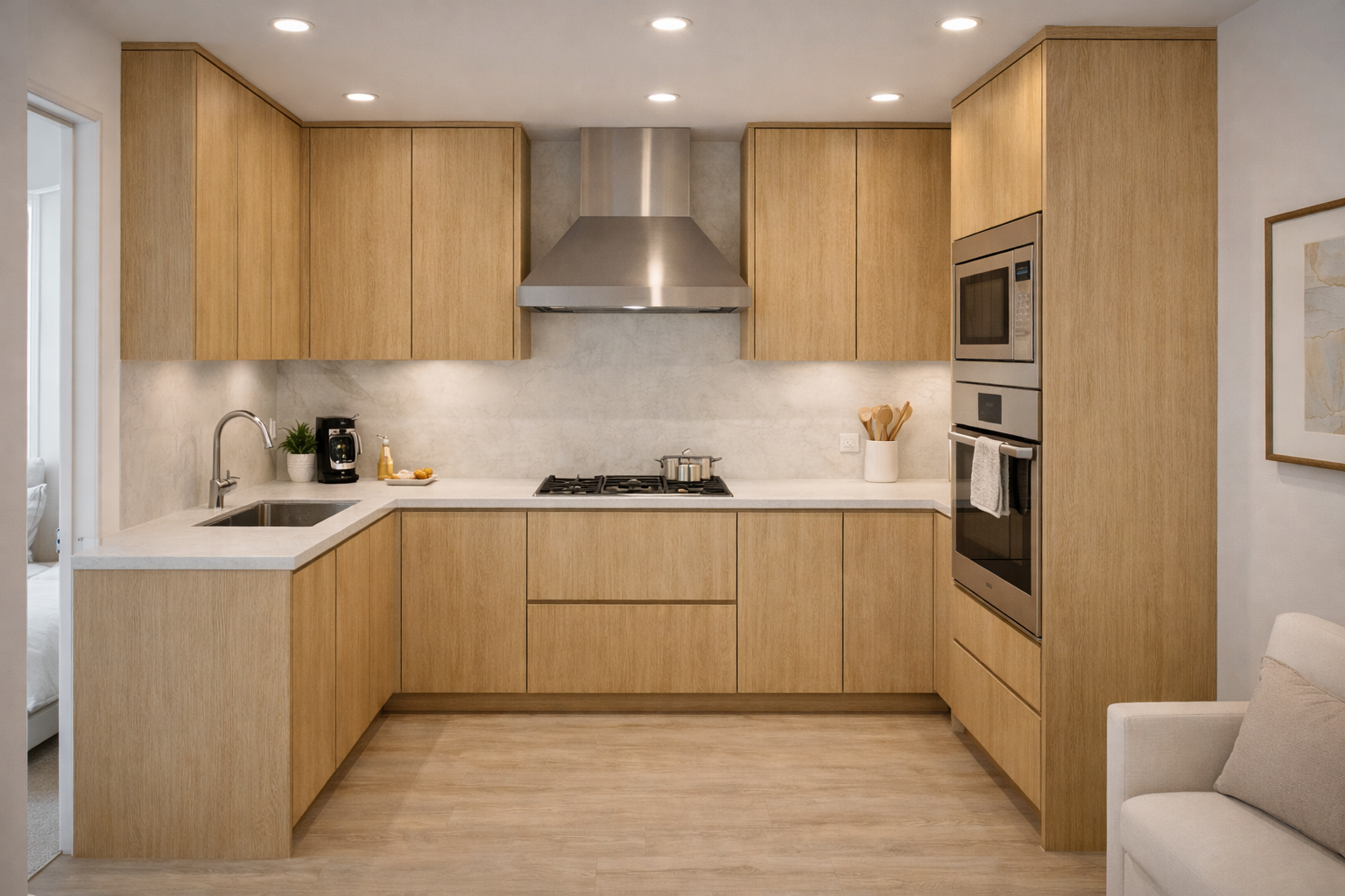 Contemporary kitchen island built with natural oak European frameless cabinets.