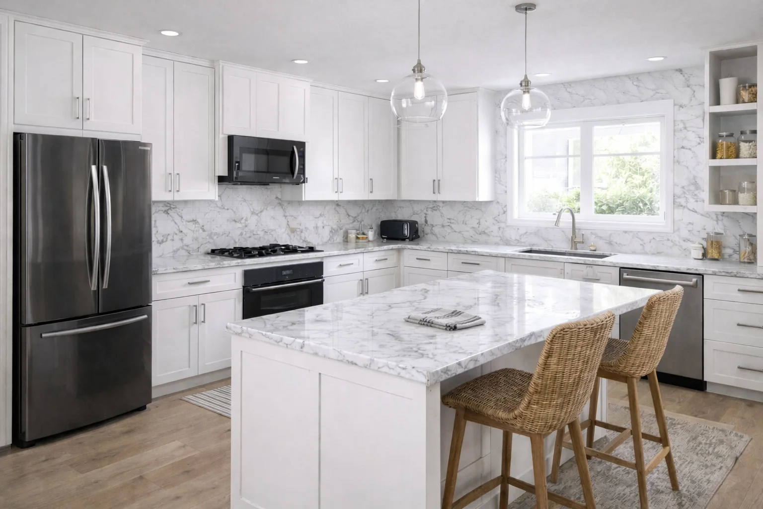 Open-concept kitchen layout showing white shaker cabinets, light wood flooring, and a sleek modern island.
