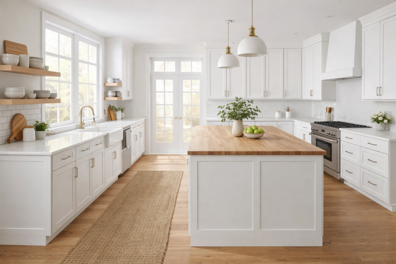 White shaker kitchen cabinets featuring a center island with bar seating and modern brass pendant lights.