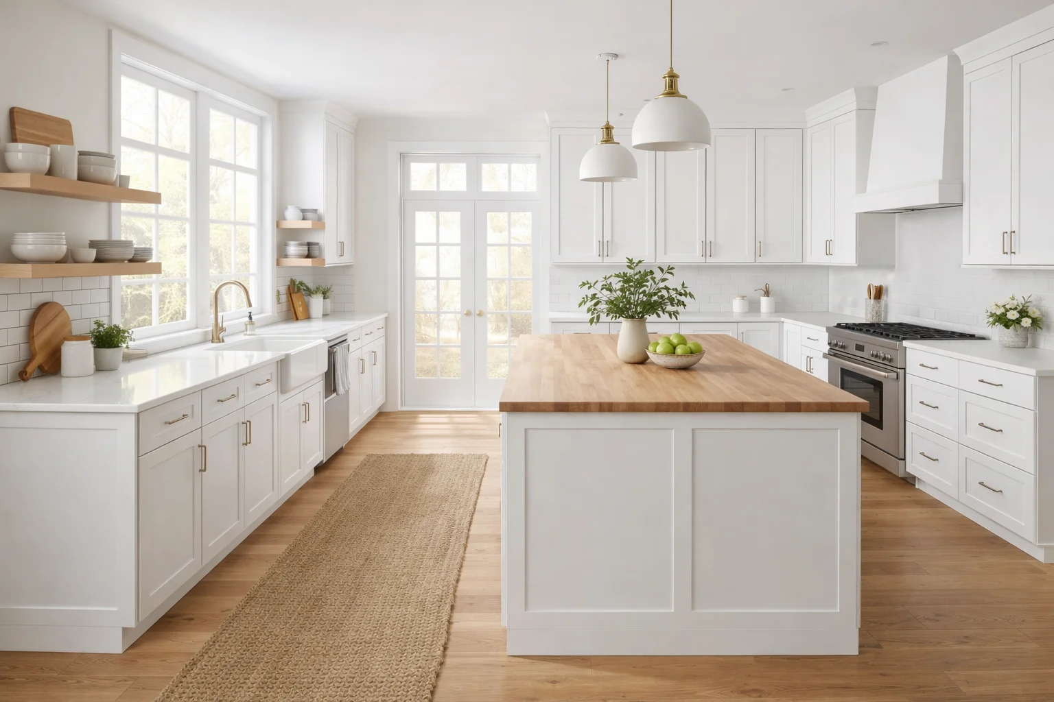 White shaker kitchen cabinets featuring a center island with bar seating and modern brass pendant lights.