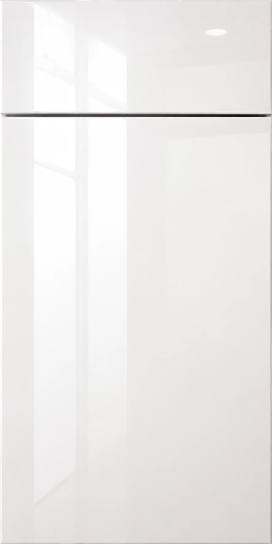 High-gloss white frameless cabinet door panel showing a sleek, modern finish.
