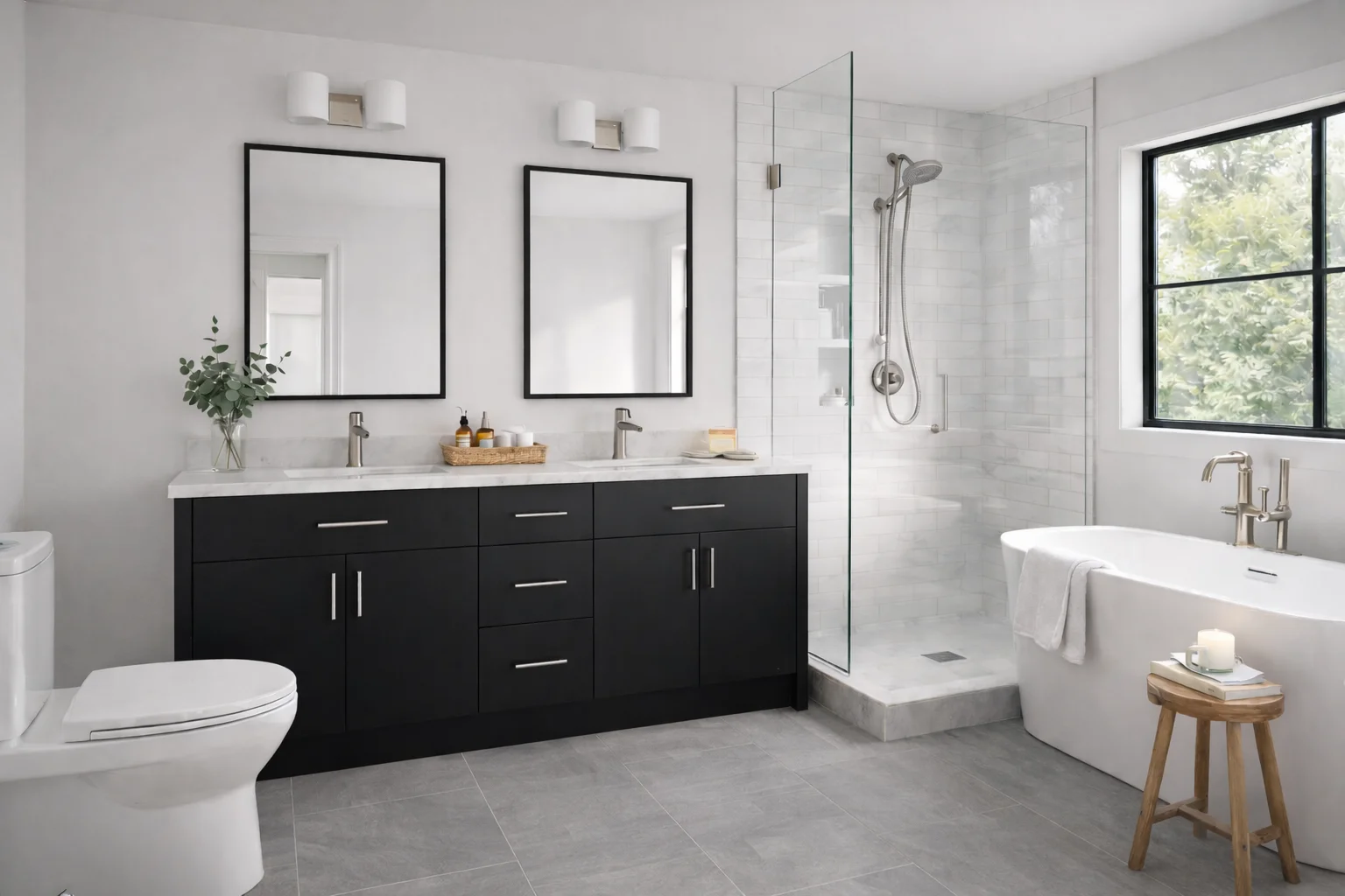 Modern bathroom interior highlighting a matte black European frameless vanity.