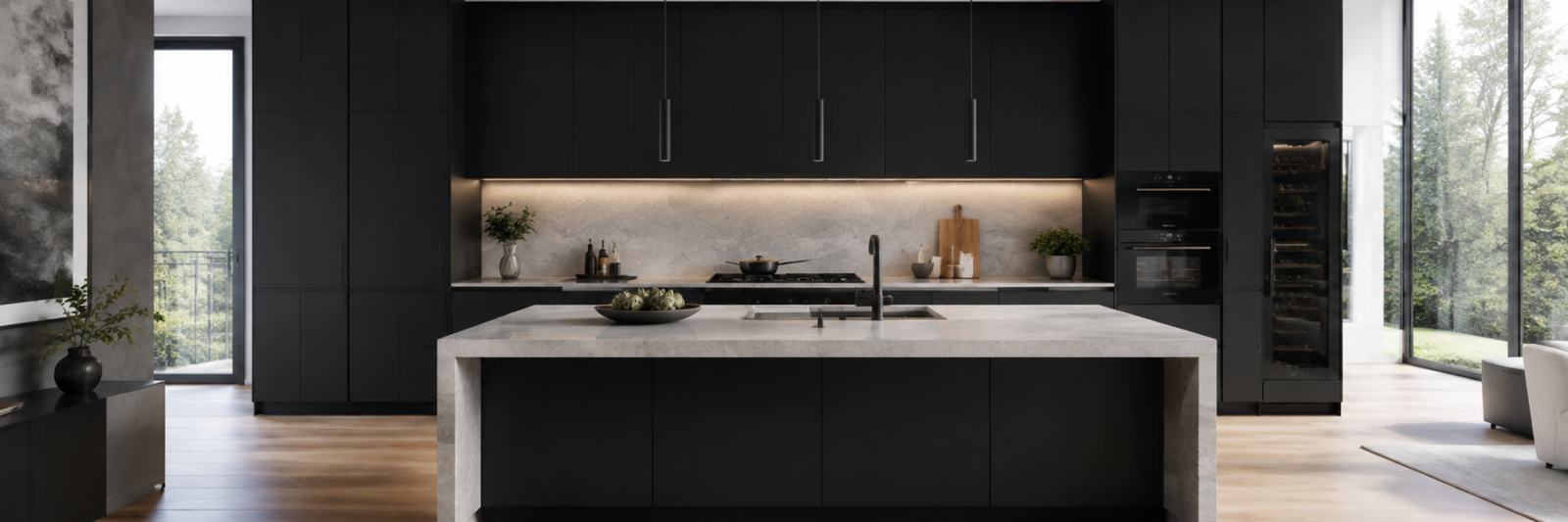 Wide view of a modern kitchen utilizing matte black frameless cabinetry.