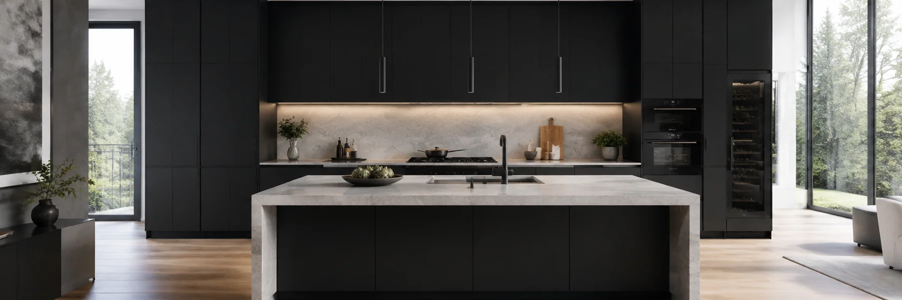 Wide view of a modern kitchen utilizing matte black frameless cabinetry.