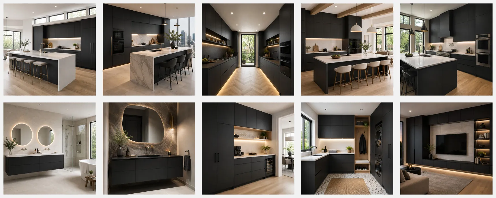 Gallery overview showing various residential installations of matte black European frameless cabinets.