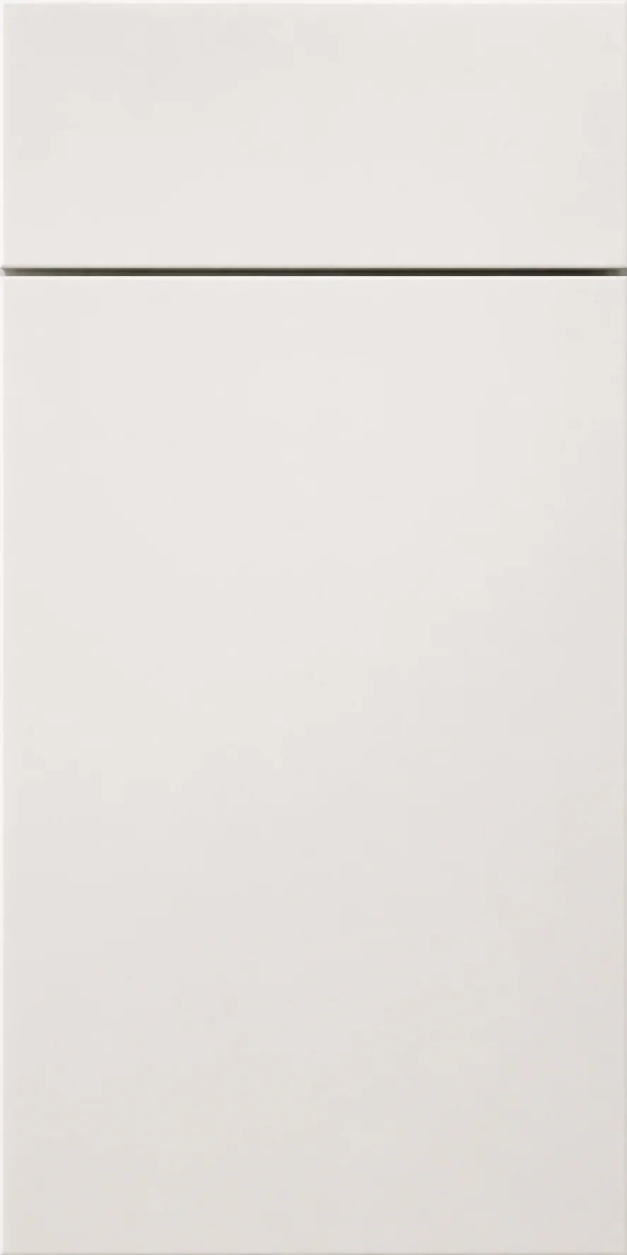 A close-up view of a matte white frameless European cabinet door panel finish sample.