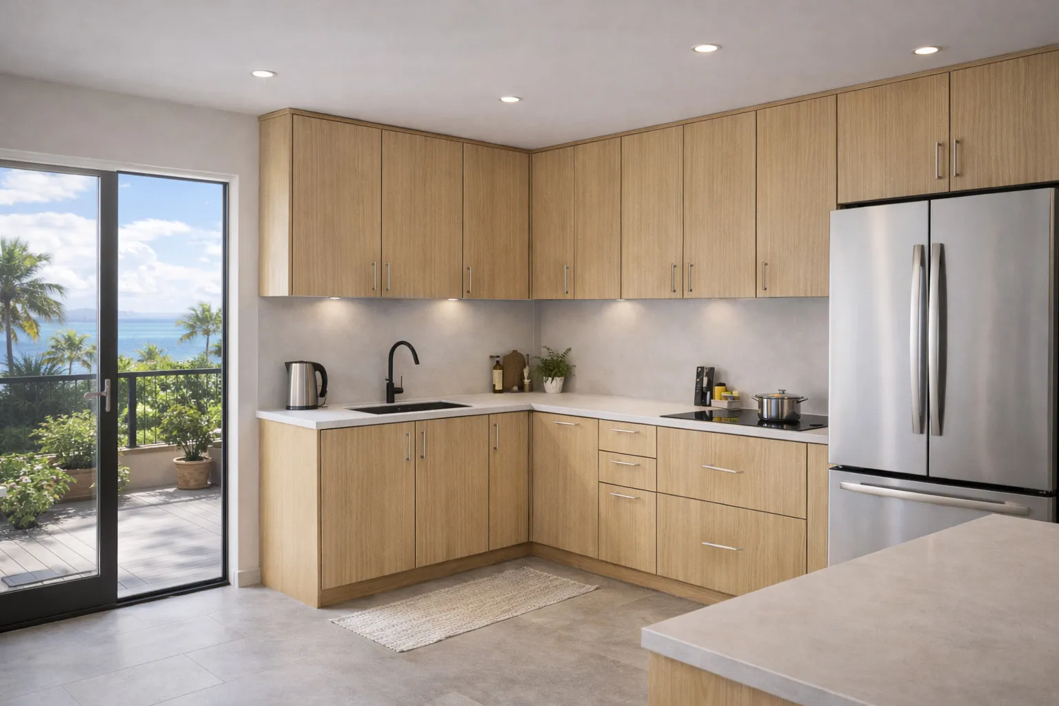 Modern kitchen featuring natural oak European frameless perimeter cabinetry and light countertops.