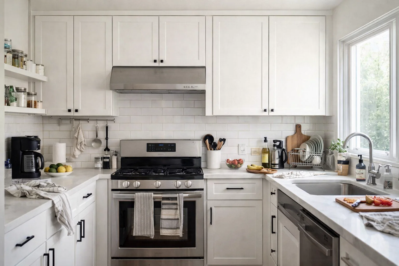 Bright modern kitchen with white shaker cabinets, white countertops, and stainless steel appliances.