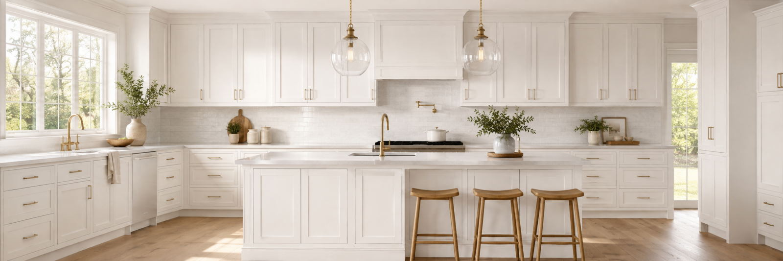 Wholesale white shaker kitchen cabinetry in a bright Dallas, Texas home, showcasing a spacious island with seating, brass hardware, and natural wood flooring.