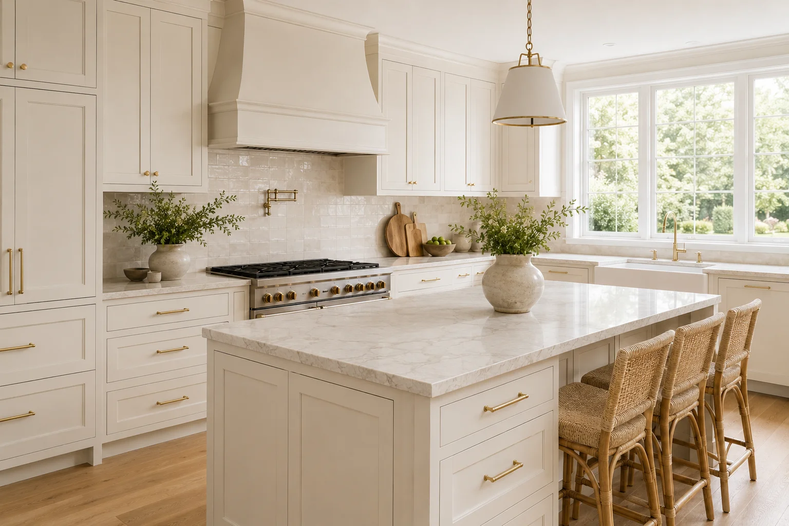Wholesale white shaker kitchen cabinetry in a bright Dallas, Texas home, showcasing a large marble-top island, farmhouse sink, and natural wood flooring.