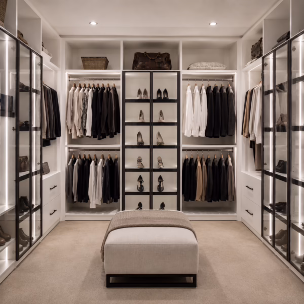 Modern premium white walk-in closet system with central shoe display unit, padded ottoman bench, and glass-front wardrobe doors