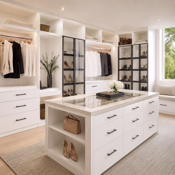 Modern premium white luxury walk-in closet system with center island, glass wardrobe display cabinets, and window bench seating