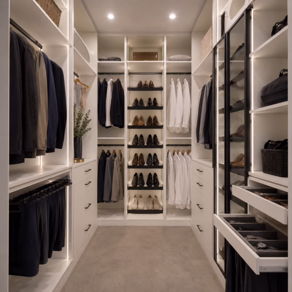 Modern premium white narrow walk-in closet corridor with double hanging rods, shoe shelving tower, pull-out drawer organizer, and integrated LED lighting