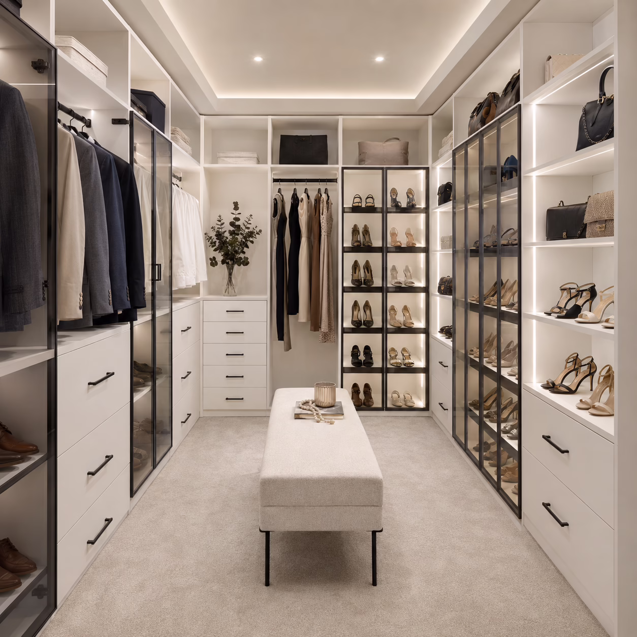 Modern premium white walk-in closet system with glass wardrobe doors, center bench seating, built-in shoe display racks, and integrated LED shelf lighting