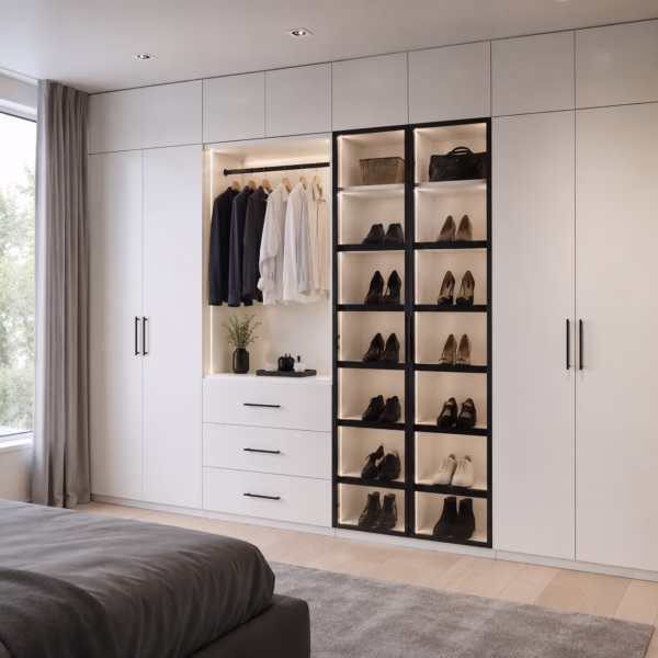 Modern premium white built-in wardrobe closet system with open hanging rod, shoe display shelving, and bottom drawers