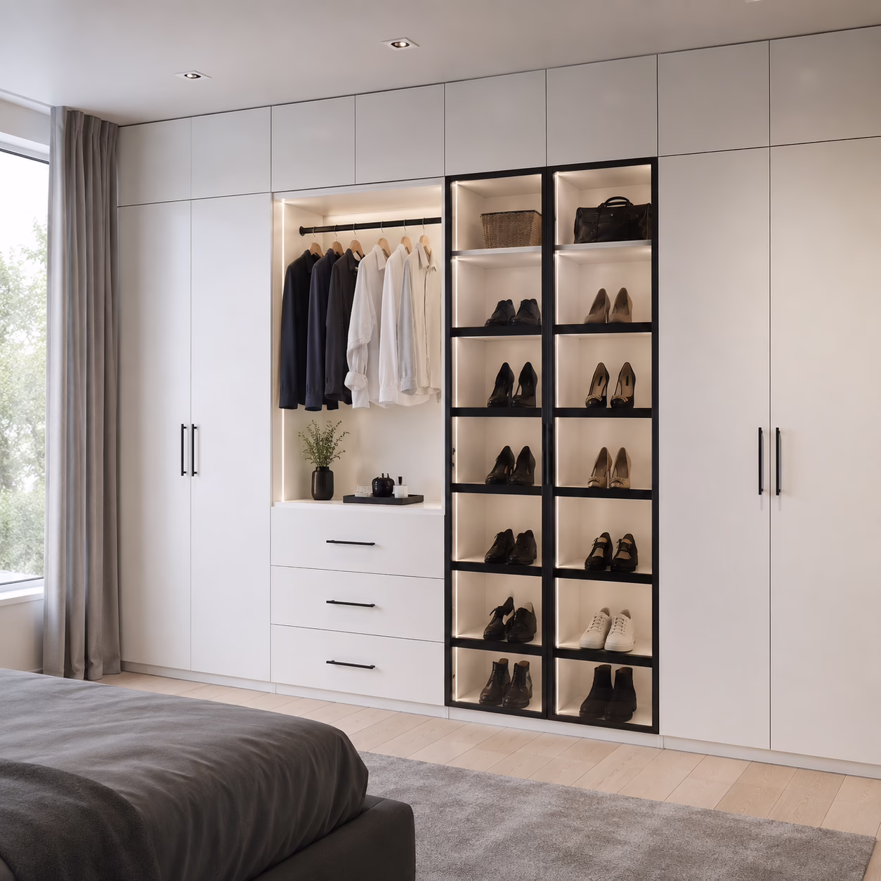 Modern premium white built-in wardrobe closet system with open hanging rod, shoe display shelving, and bottom drawers