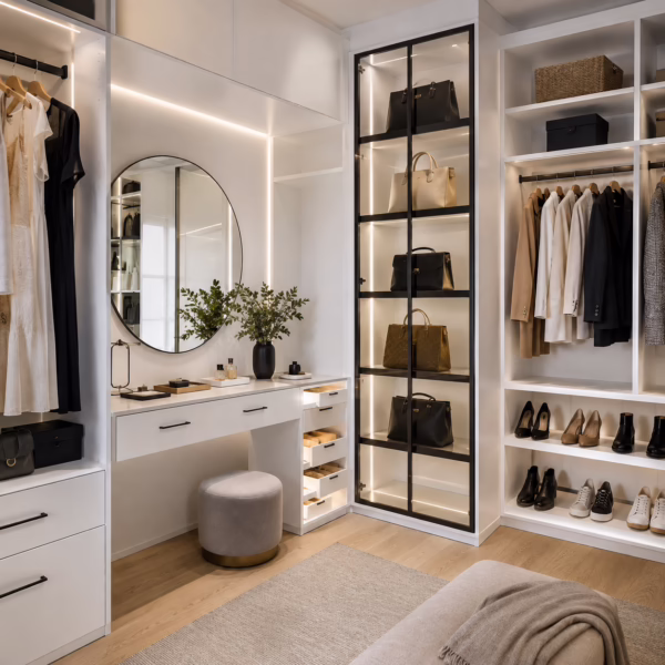 Modern premium white walk-in closet system with built-in vanity station, backlit round mirror, and glass handbag display tower
