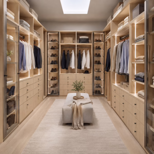 Modern natural oak custom walk-in closet system featuring illuminated glass-front wardrobe towers, a central island with a seating bench, and herringbone wood flooring