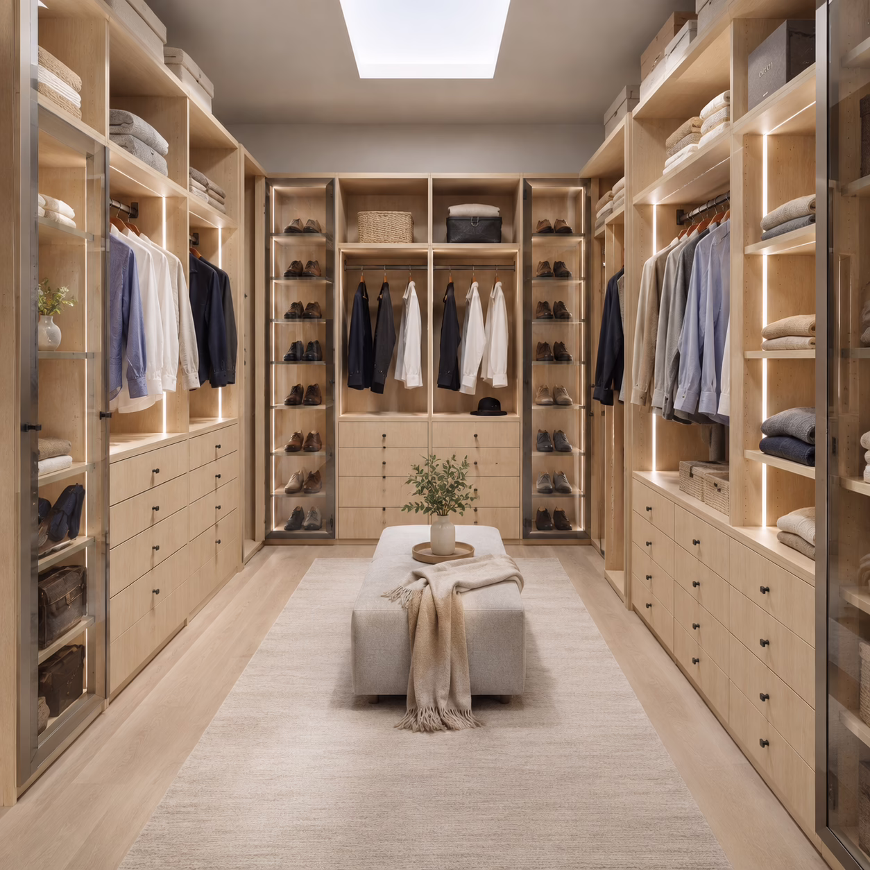 Modern natural oak custom walk-in closet system featuring illuminated glass-front wardrobe towers, a central island with a seating bench, and herringbone wood flooring