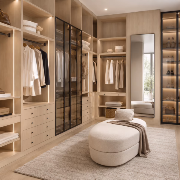Modern natural oak custom walk-in closet system featuring illuminated glass-front wardrobe towers, a central island with a seating bench, and herringbone wood flooring