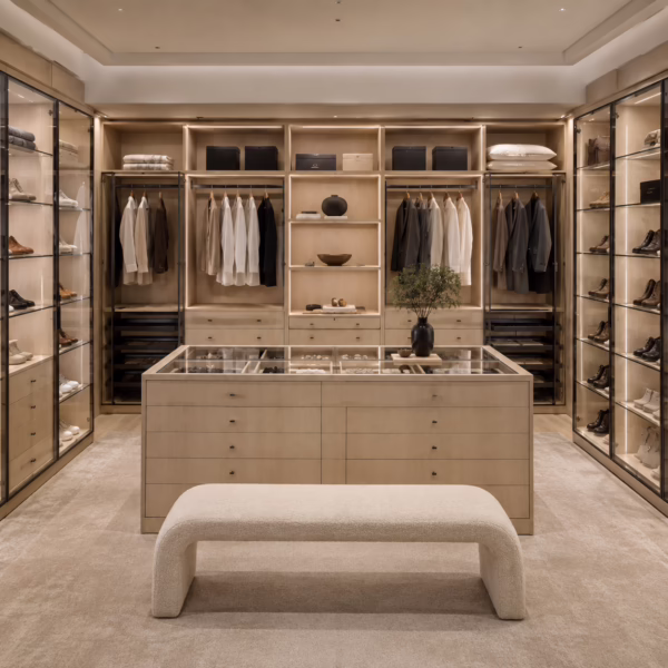 Modern natural oak custom walk-in closet system featuring illuminated glass-front wardrobe towers, a central island with a seating bench, and herringbone wood flooring