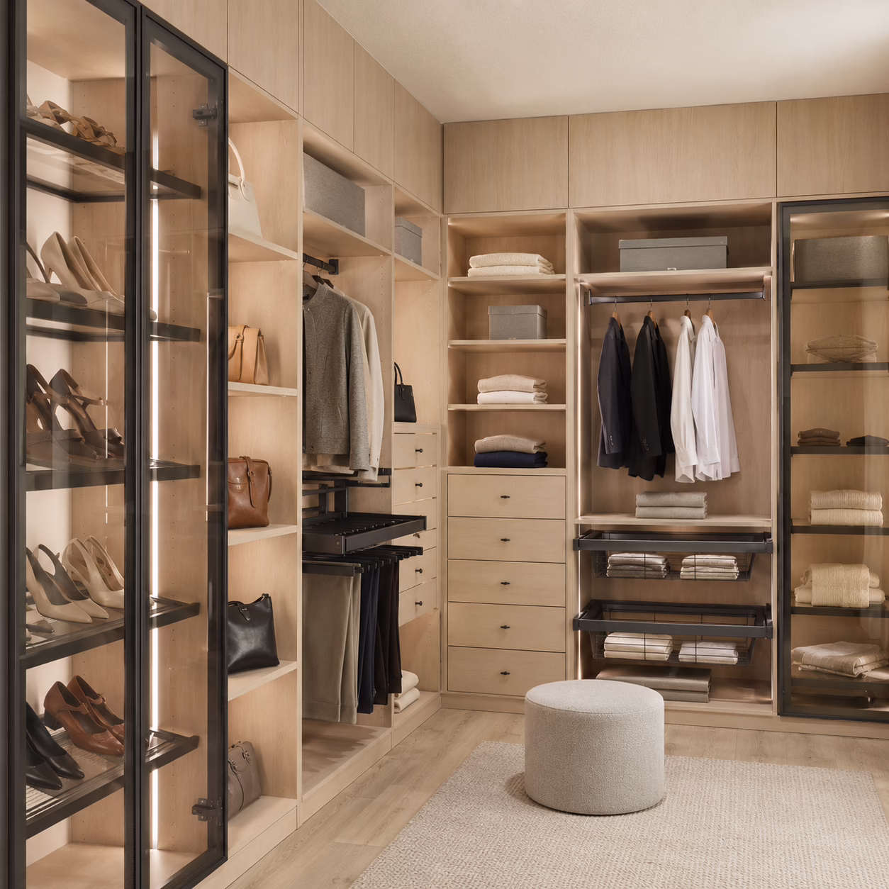 Modern natural oak custom walk-in closet system featuring illuminated glass-front wardrobe towers, a central island with a seating bench, and herringbone wood flooring