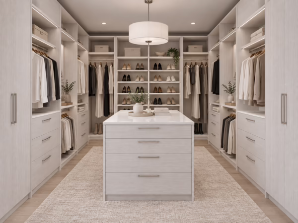 Winter Oak custom walk-in closet featuring a central drawer island, floor-to-ceiling hanging space, and illuminated display shelving