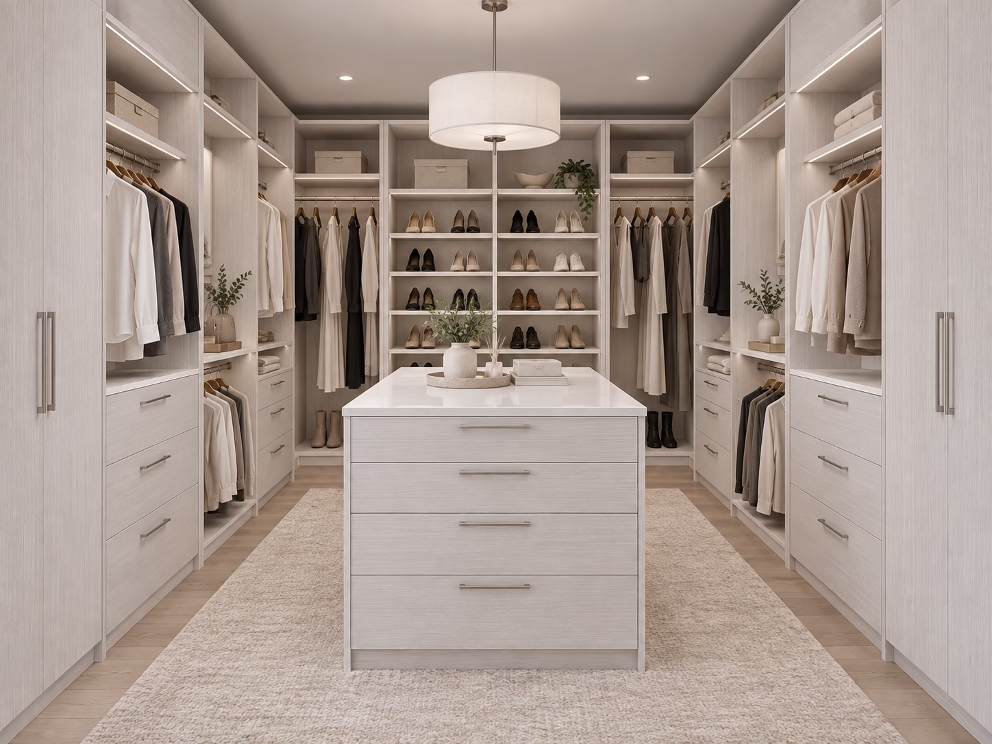 Winter Oak custom walk-in closet featuring a central drawer island, floor-to-ceiling hanging space, and illuminated display shelving