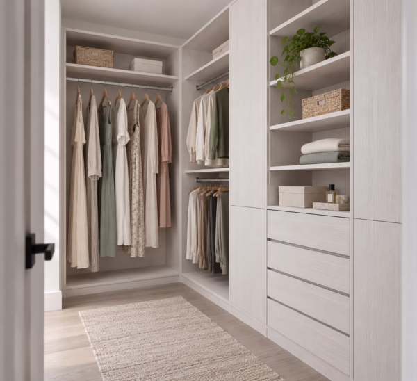 Winter Oak custom walk-in closet featuring floor-to-ceiling hanging rods, open display shelving, and a lower drawer stack