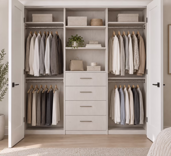 Winter Oak custom reach-in closet system with double hanging rods, upper shelving, and a center drawer stack