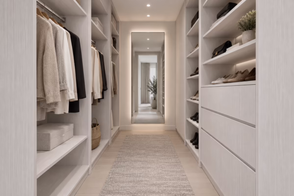 Winter Oak custom walk-in closet corridor featuring built-in hanging storage, illuminated display shelves, and a full-length center mirror