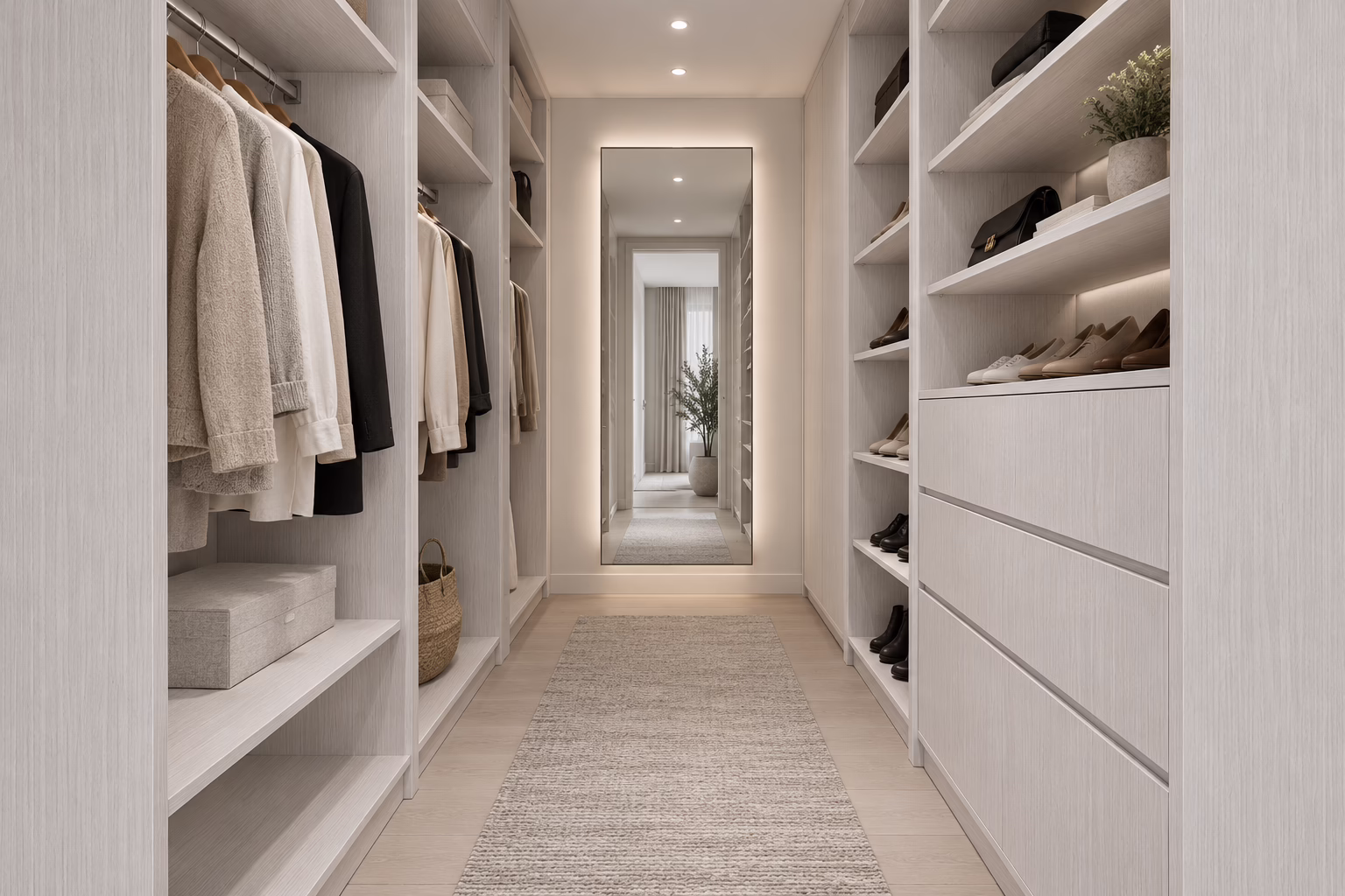 Winter Oak custom walk-in closet corridor featuring built-in hanging storage, illuminated display shelves, and a full-length center mirror