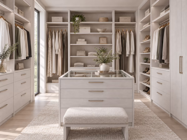 Winter Oak custom walk-in closet featuring a glass-top center island, upholstered storage bench, and built-in wardrobe shelving