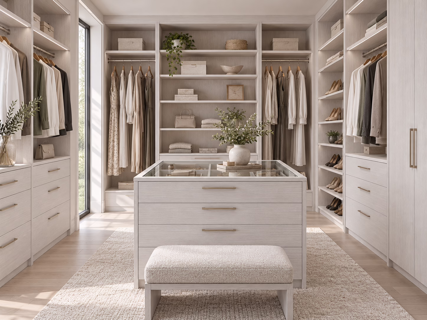 Winter Oak custom walk-in closet featuring a glass-top center island, upholstered storage bench, and built-in wardrobe shelving