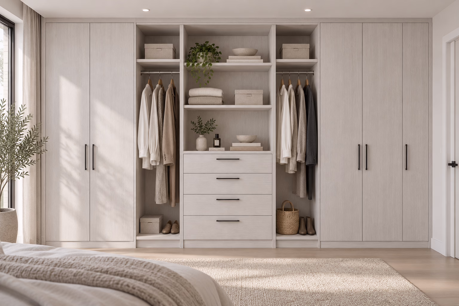 Winter Oak custom wardrobe and reach-in closet system with central drawer stack and enclosed cabinets