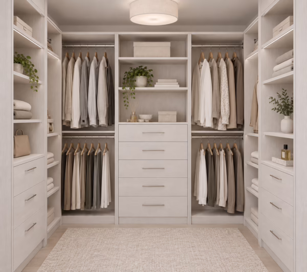 Here are the optimized title and alt text options for this current image (showing the walk-in closet elevation with center drawer stack and hanging rods): Alt Text (SEO & Accessibility) Winter Oak custom walk-in closet featuring upper shelving, hanging garment rods, and central drawer stacks
