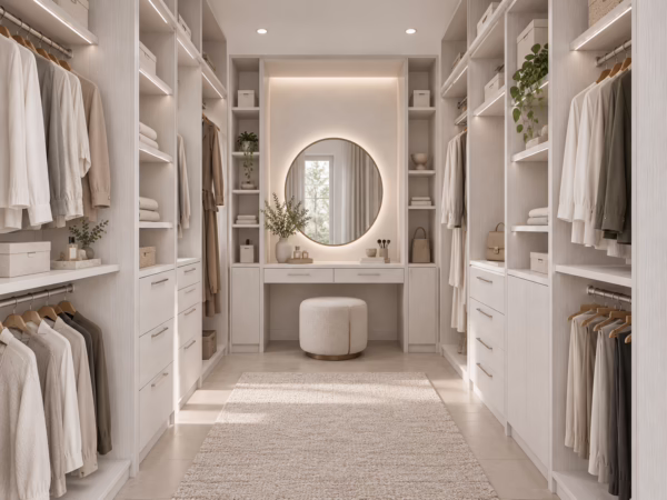 Winter Oak walk-in closet featuring a centered vanity mirror, upholstered stool, and illuminated upper display shelving