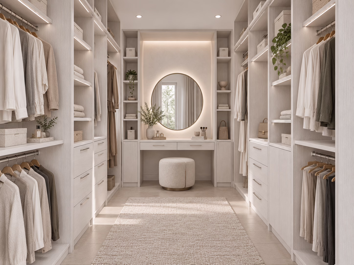 Winter Oak walk-in closet featuring a centered vanity mirror, upholstered stool, and illuminated upper display shelving