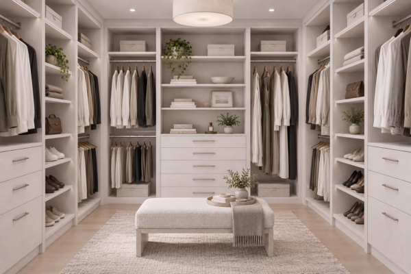 Winter Oak custom walk-in closet featuring hanging garment rods, built-in drawer stacks, and a center storage bench