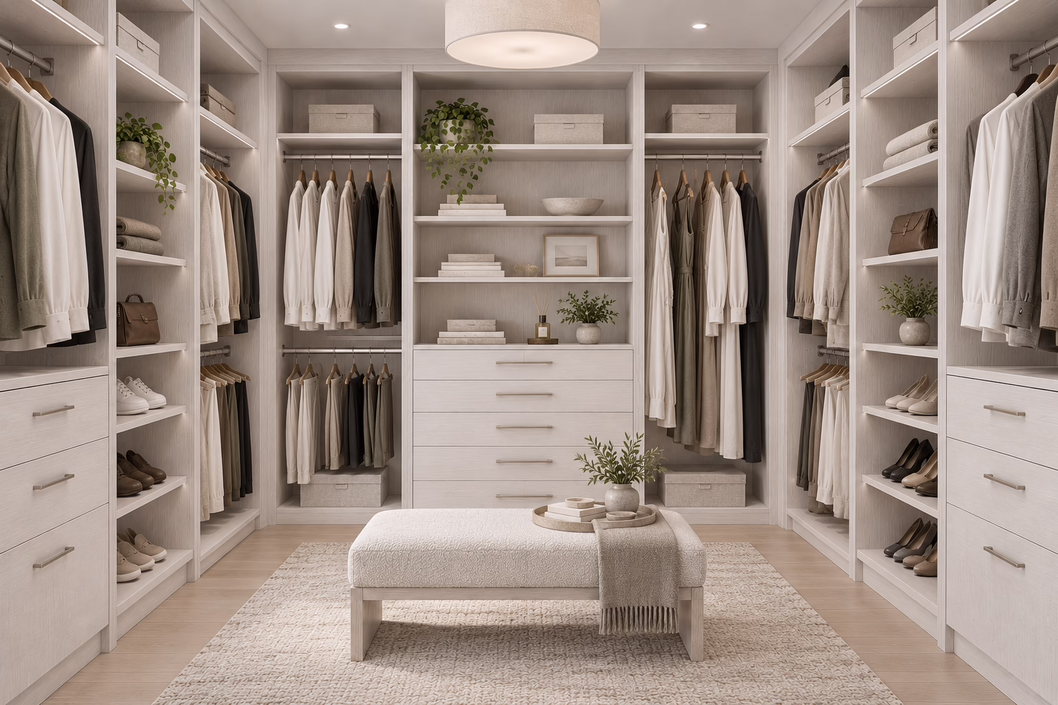 Winter Oak custom walk-in closet featuring hanging garment rods, built-in drawer stacks, and a center storage bench